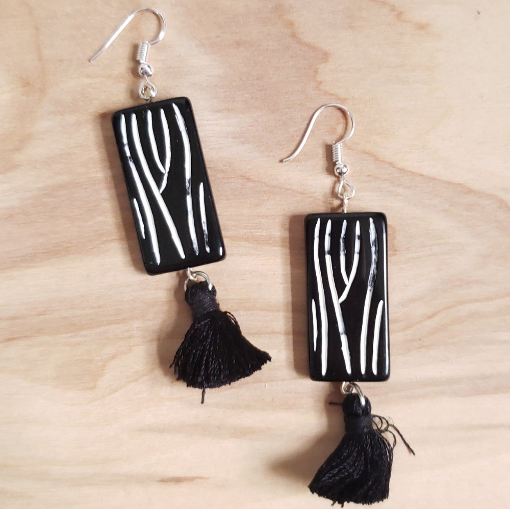 Handmade black white beaded tassel earrings
